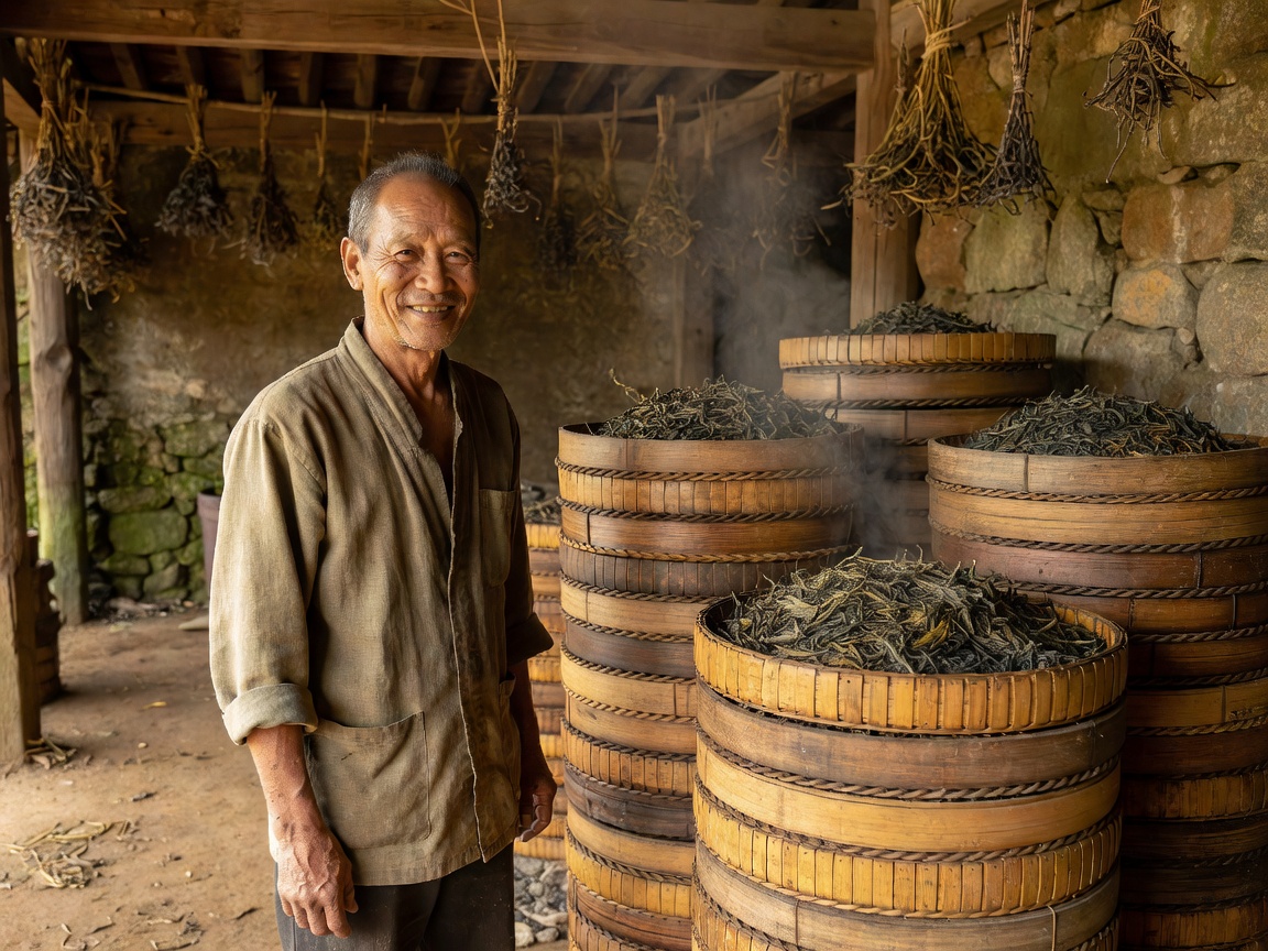 A tea maker in a Wuyi Mountains workshop smiling beside bamboo baskets of roasting oolong
