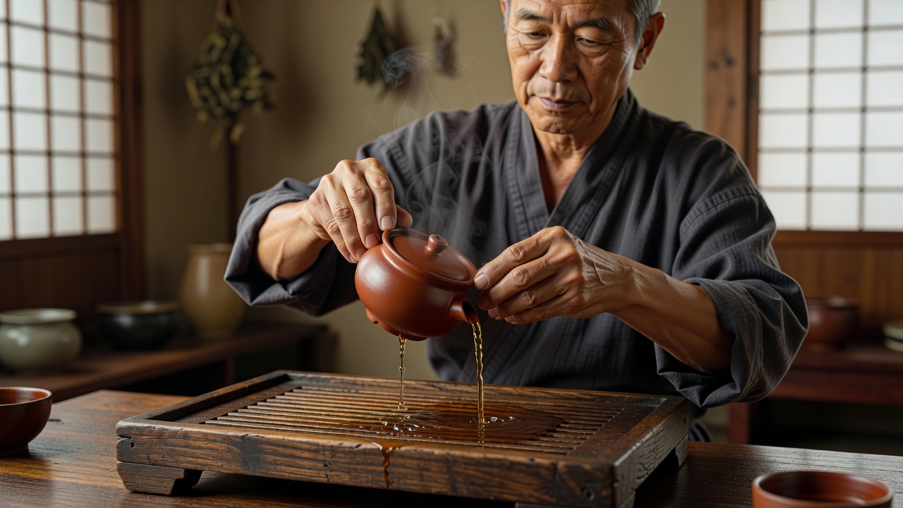 A tea master in a Taipei tea house pouring oolong from a small clay pot over a wooden gongfu tray