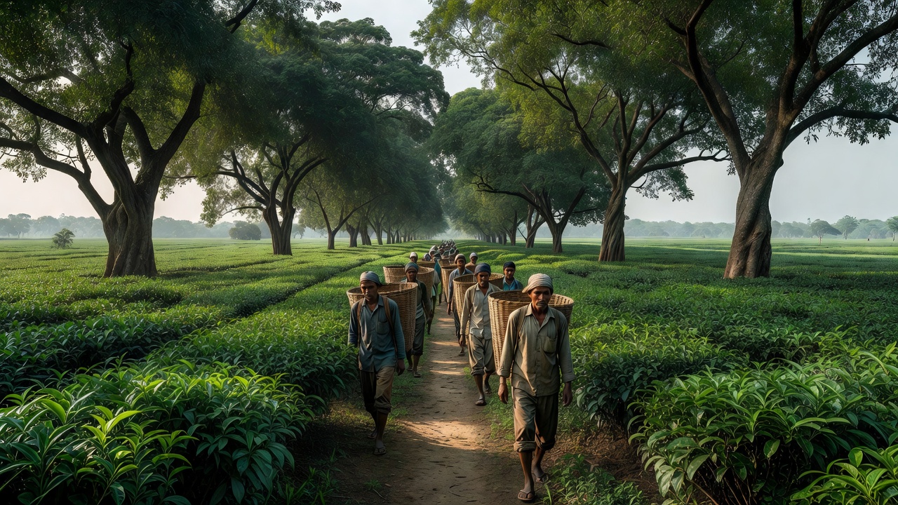 Tea garden workers with baskets walking between shade trees on a flat Assam estate