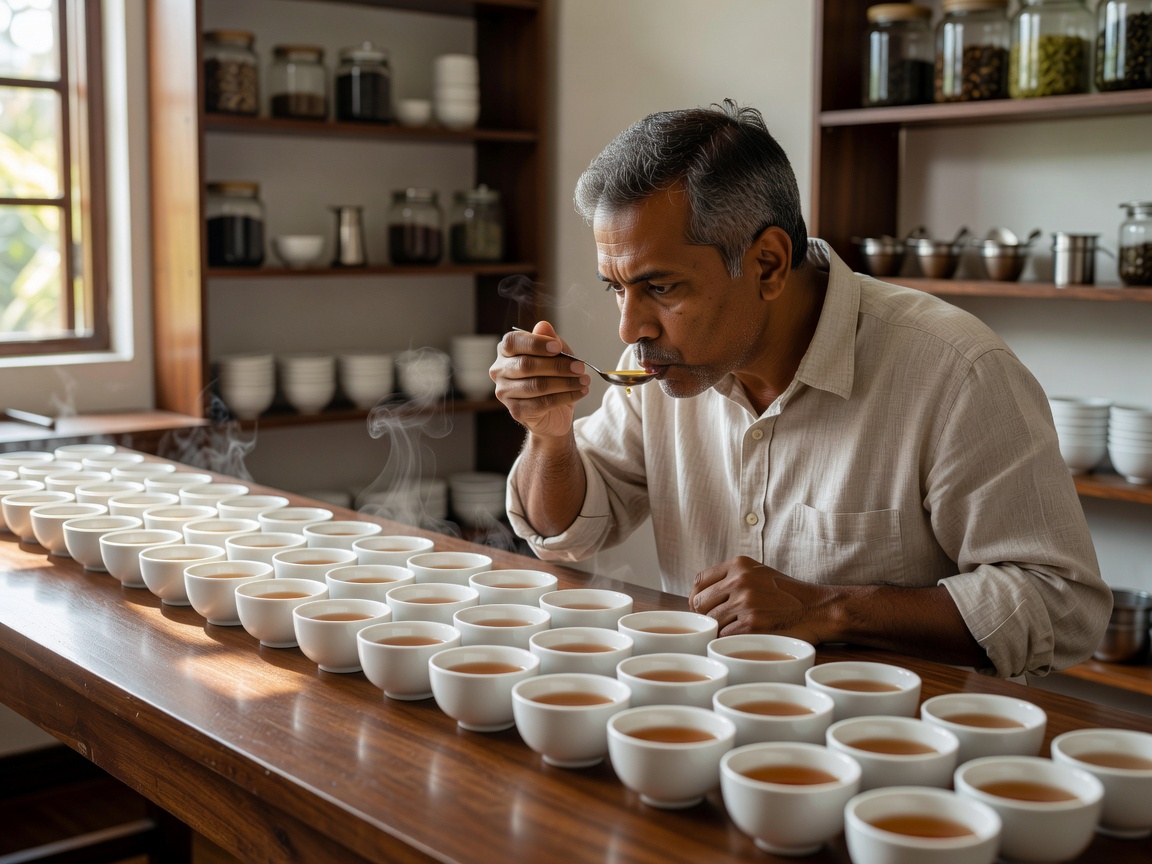 A tea taster in Colombo slurping from a spoon beside a row of white cupping bowls