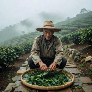 A Taiwanese tea farmer rolling oolong leaf on a misty Alishan farm terrace