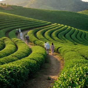 Visitors walking through rows of tea bushes at a Boseong plantation in South Korea