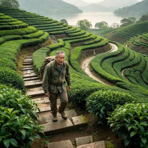 Traveller walking stone steps between Longjing tea terraces near West Lake, Hangzhou