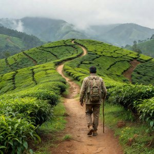 Traveller on a narrow plantation path through Sri Lanka's hill country tea estates