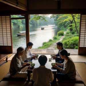 Visitors seated in a traditional Uji tea house overlooking the Uji River
