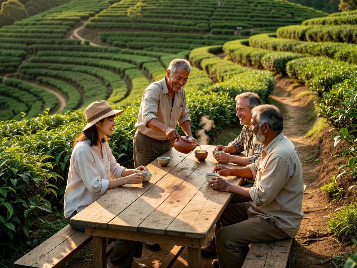 Travellers and a tea farmer sharing small cups at a wooden tasting table on a family tea farm
